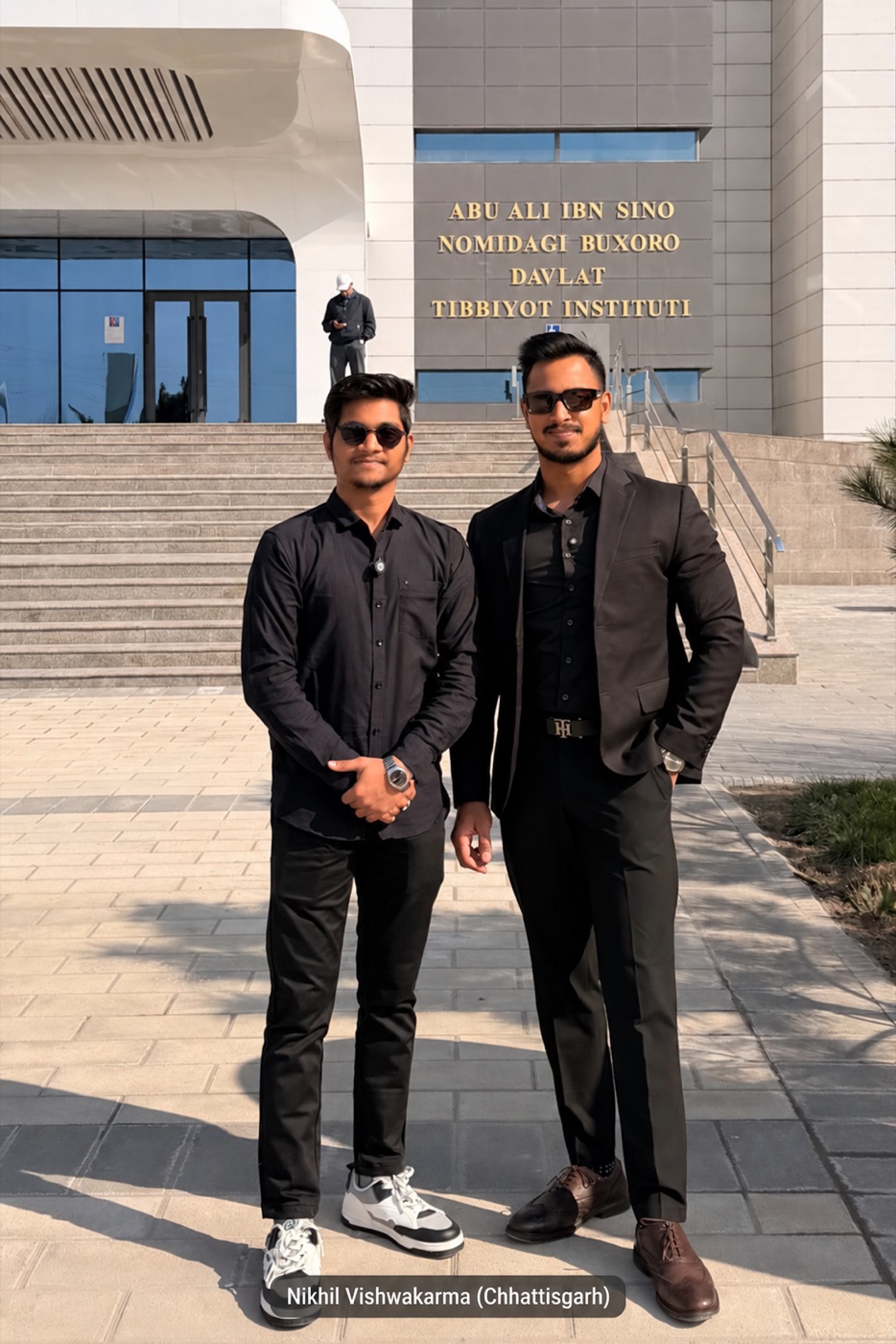 Nikhil Vishwakarma with Dr. Akash Rao outside Bukhara State Medical Institute in Uzbekistan.