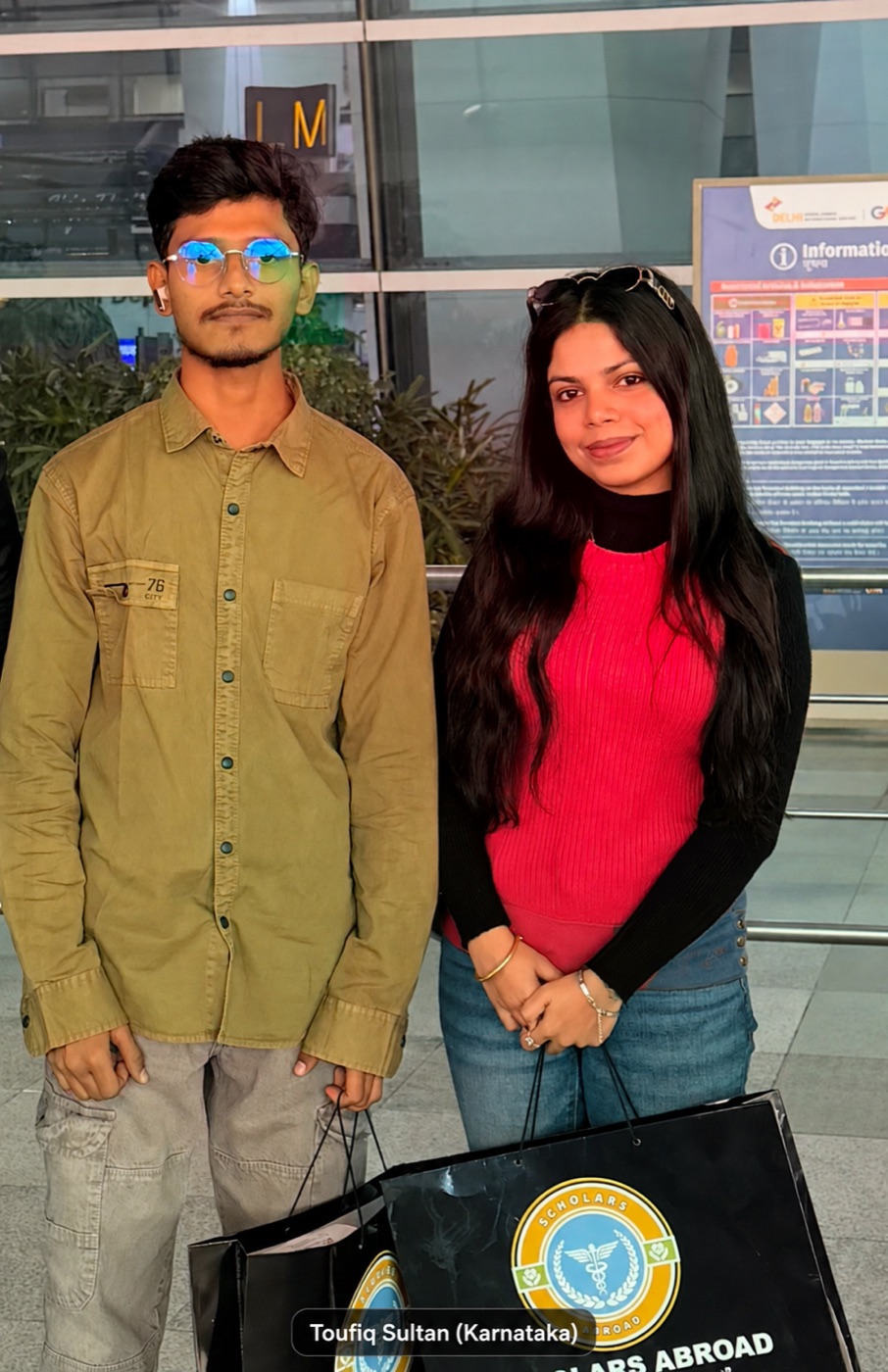 Toufiq Sultan with a Scholars Abroad team member at the airport before travelling to Uzbekistan.